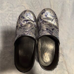 Dansko Blue and Silver Paisley Mules